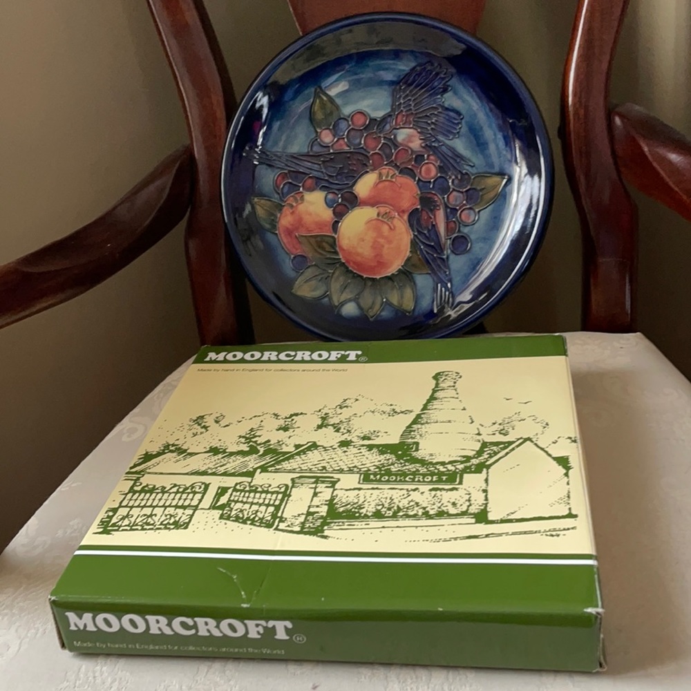 Rare Moorcroft Blue Finches English decorative art pottery plate, signed, 1991